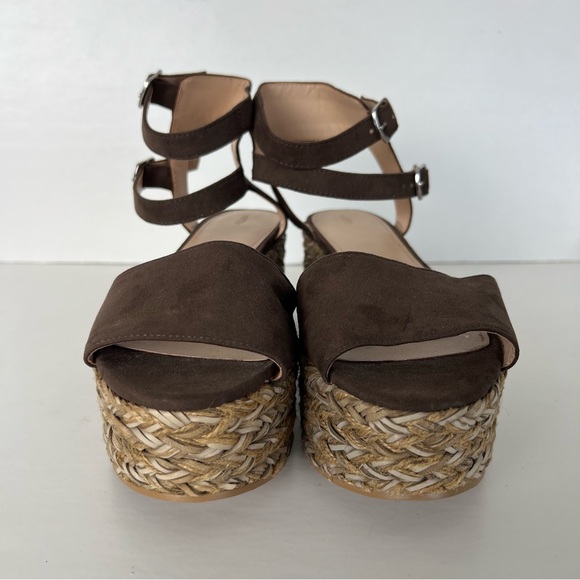 ZARA Trafaluc Brown Suede Jute Raffia w Faux Leather Woven Platform Sandal Sz 39 - Picture 3 of 11
